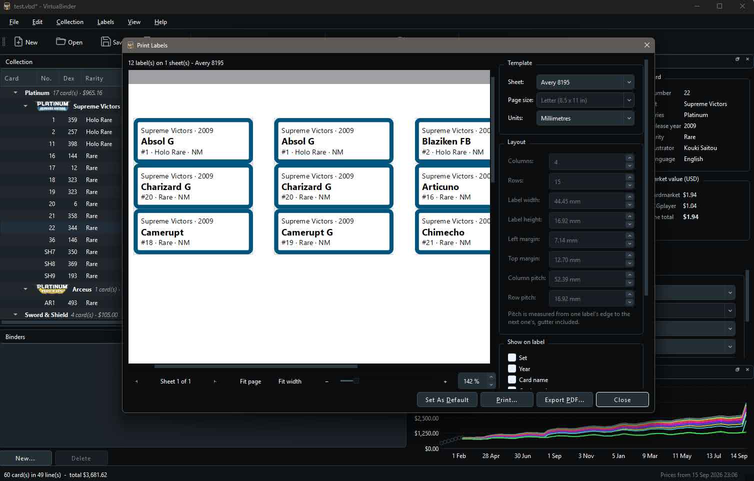 The Print Labels dialog: a sheet preview of card labels beside Avery template and layout settings.