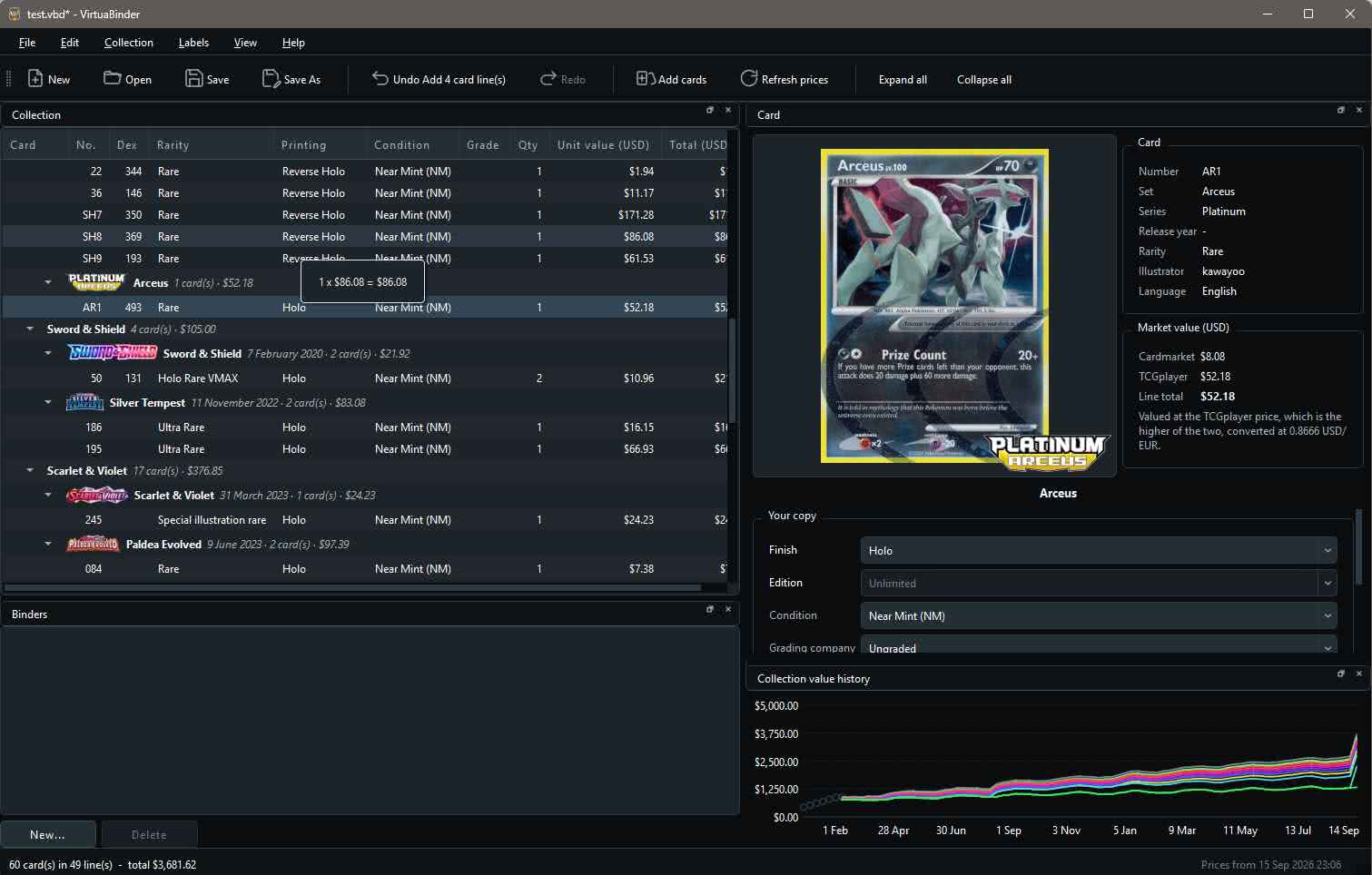 The main window: a collection tree grouped by series and set, a card detail panel with market value, and the collection value history chart.